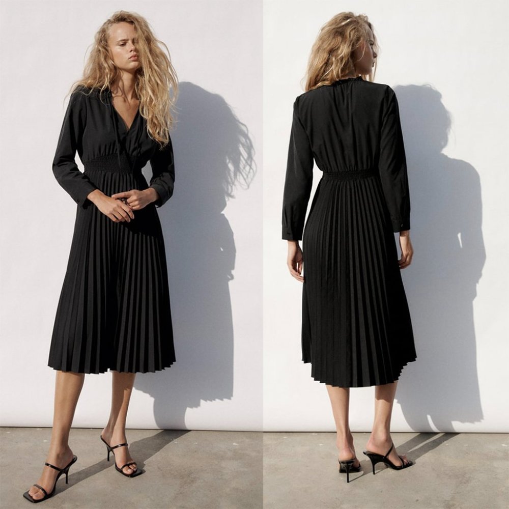 NEW ZARA pleated poplin black 9897 dress size S